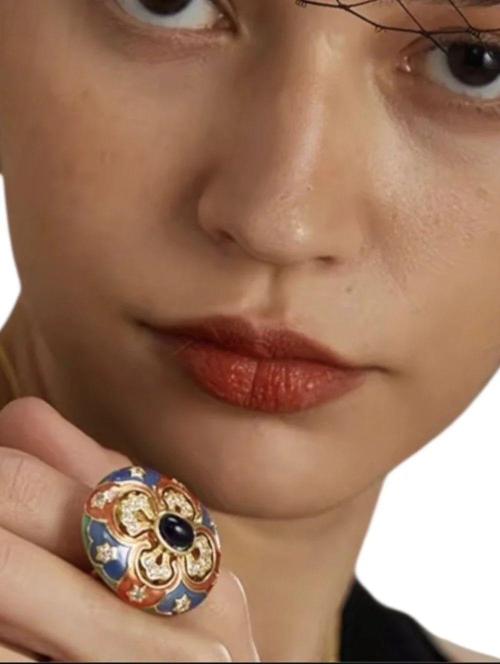 18k Gold Plated Oversized Cut Out Maltese Cross Enamel Sapphire Cabochon Ring